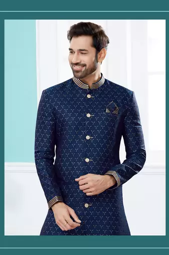 jacquard digital printed with thread work indowestern sherwani set