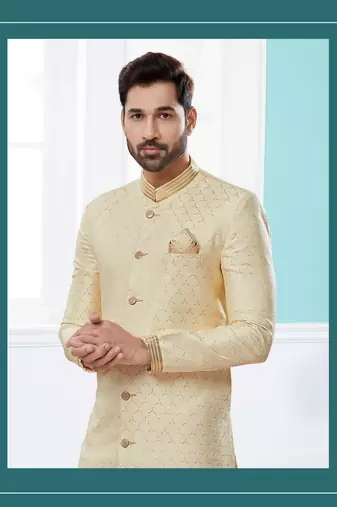 Banarasi Gold Sherwani set with Zari Embroidery