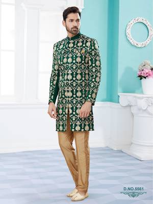 Green Dupion Silk Sherwani For Wedding Rcerption 1