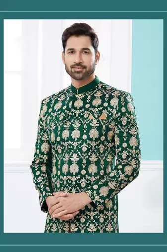 Green Dupion Silk Sherwani For Wedding Rcerption