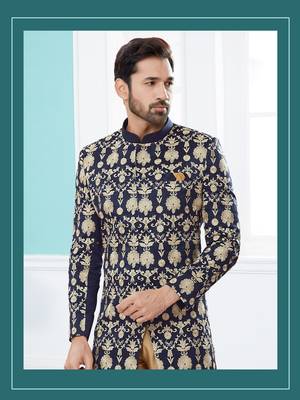 Velwet fabric with full thread computer amrodery havy indowestern sherwani set 2