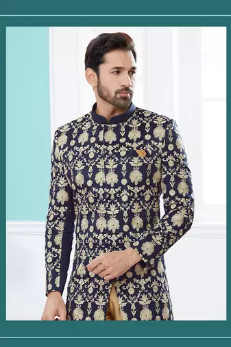 Velwet fabric with full thread computer amrodery havy indowestern sherwani set