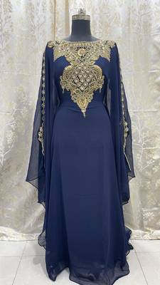 Grand Navy Blue Kaftan Gown with Heavy Gold Zari & Stone Work | Wedding & Party Dress 1