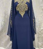 Grand Navy Blue Kaftan Gown with Heavy Gold Zari & Stone Work | Wedding & Party Dress