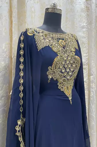 Grand Navy Blue Kaftan Gown with Heavy Gold Zari & Stone Work | Wedding & Party Dress