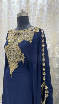 Grand Navy Blue Kaftan Gown with Heavy Gold Zari & Stone Work | Wedding & Party Dress 3
