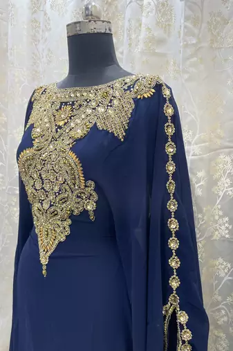 Grand Navy Blue Kaftan Gown with Heavy Gold Zari & Stone Work | Wedding & Party Dress