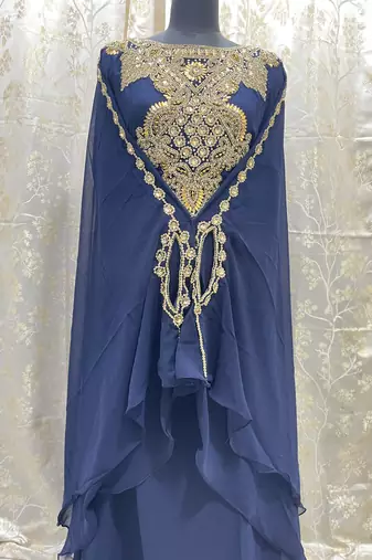 Grand Navy Blue Kaftan Gown with Heavy Gold Zari & Stone Work | Wedding & Party Dress