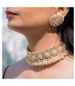 Elegant kundan pearl choker necklace set with stud earrings - designer indian wedding jewelry