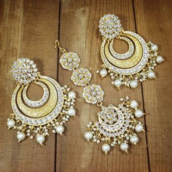 Elegant gold-plated kundan pearl chandbali earrings with maang tikka – traditional bridal jewelry set 1