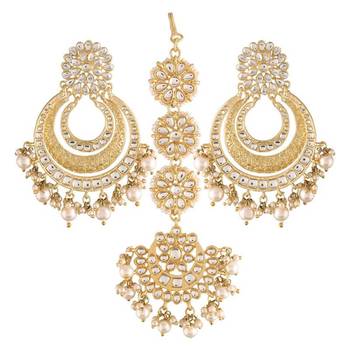 Elegant gold-plated kundan pearl chandbali earrings with maang tikka – traditional bridal jewelry set 3
