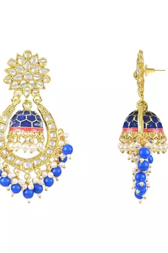 Royal blue and gold-plated kundan chandbali earrings     traditional indian jhumka earrings with pearls