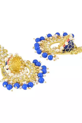 Royal blue and gold-plated kundan chandbali earrings     traditional indian jhumka earrings with pearls