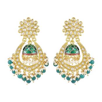Green and gold-plated kundan chandbali earrings     traditional indian jhumka earrings with pearls 1