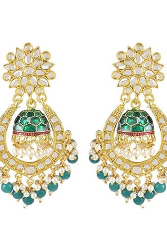 Green and gold-plated kundan chandbali earrings – traditional indian jhumka earrings with pearls