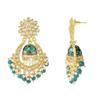 Green and gold-plated kundan chandbali earrings     traditional indian jhumka earrings with pearls 2