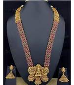 Traditional lakshmi temple jewellery set - antique red green stone long necklace with jhumka earrings
