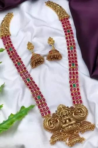 Traditional lakshmi temple jewellery set - antique red green stone long Necklace :: with jhumka earrings