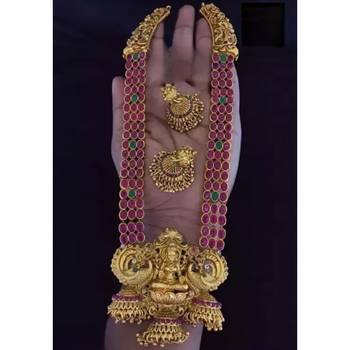 Traditional lakshmi temple jewellery set - antique red green stone long Necklace :: with jhumka earrings 3