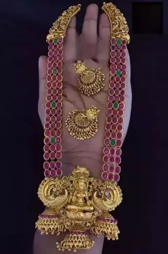 Traditional lakshmi temple jewellery set - antique red green stone long Necklace :: with jhumka earrings