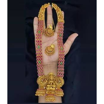 Traditional lakshmi temple jewellery set - antique red green stone long Necklace :: with jhumka earrings 4