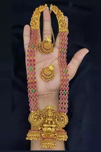 Traditional lakshmi temple jewellery set - antique red green stone long Necklace :: with jhumka earrings