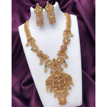 Antique gold krishna pendant necklace set - traditional temple peacock design jewelry with jhumka earrings 1