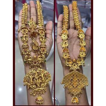 Antique gold krishna pendant necklace set - traditional temple peacock design jewelry with jhumka earrings 2