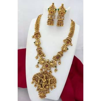 Antique gold krishna pendant necklace set - traditional temple peacock design jewelry with jhumka earrings 3