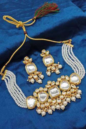 Kundan pearl choker necklace set - traditional gold plated multi-strand pearl jewelry with earrings