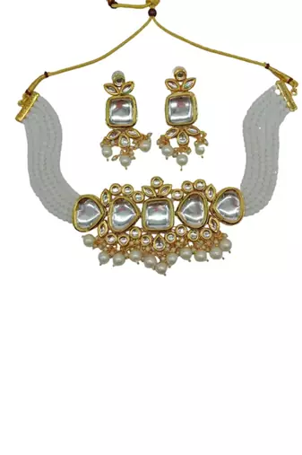 Kundan pearl choker Necklace :: set - traditional gold plated multi-strand pearl jewelry with earrings