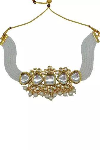 Kundan pearl choker Necklace :: set - traditional gold plated multi-strand pearl jewelry with earrings