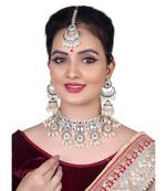 Luxury kundan bridal jewelry set - silver crystal choker with pearl drops, earrings & maang tikka