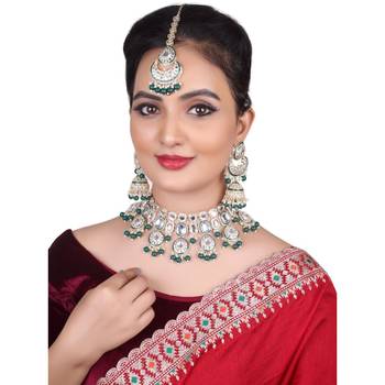 Luxury kundan bridal jewelry set - silver crystal choker with pearl drops, earrings & maang tikka 1