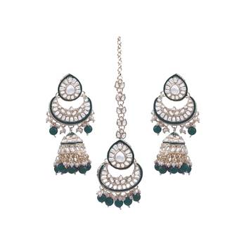 Luxury kundan bridal jewelry set - silver crystal choker with pearl drops, earrings & maang tikka 3