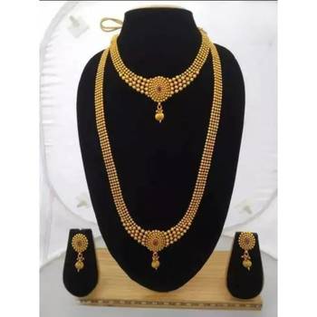 Traditional gold ball combo Necklace :: set - long haram with choker and matching earrings 1