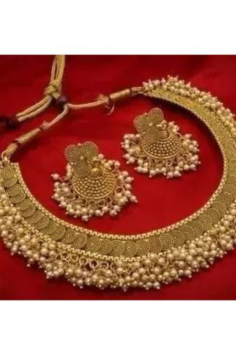 Antique gold plated temple choker necklace set with pearls – traditional indian bridal jewelry
