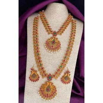 Traditional temple lakshmi necklace set with ruby and emerald stones – antique gold plated indian bridal jewelry 1