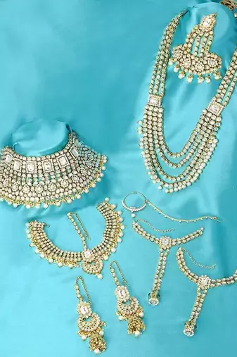 Complete bridal kundan jewelry set - wedding collection with choker, rani haar, earrings, maang tikka & mathapatti