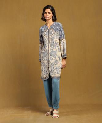 Blue and Beige Cotton Printed Kurti 1