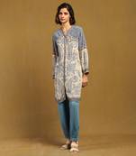 Blue and Beige Cotton Printed Kurti