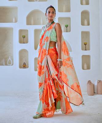 Mint green floral chiffon draped saree with embellished blouse 2