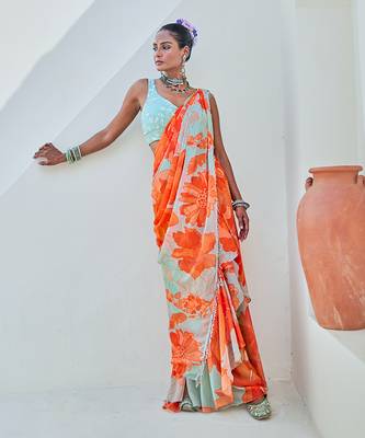 Mint green floral chiffon draped saree with embellished blouse 3