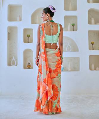 Mint green floral chiffon draped saree with embellished blouse 5