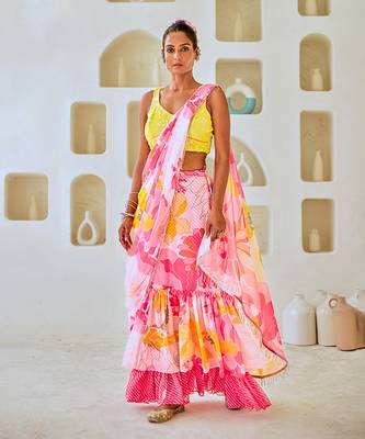 White & pink floral chiffon draped saree with embellished blouse 1
