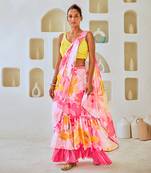 White & pink floral chiffon draped saree with embellished blouse