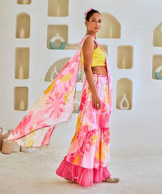 White & pink floral chiffon draped saree with embellished blouse 2