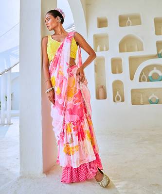 White & pink floral chiffon draped saree with embellished blouse 3