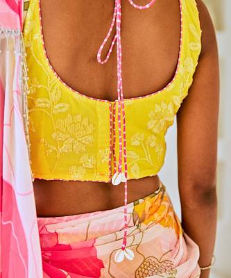White & pink floral chiffon draped saree with embellished blouse 5