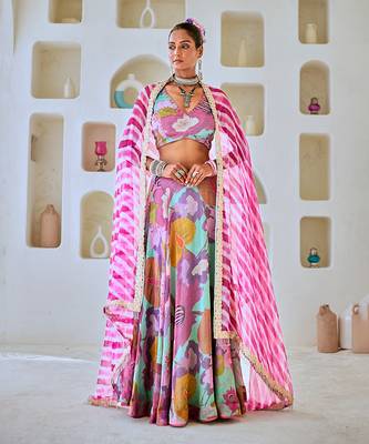 Aqua Blue Floral Embellished Lehenga Set with Leheriya Dupatta 1